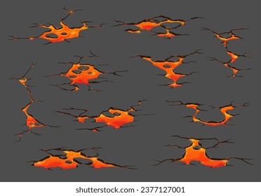 Volcano lava, magma fire ground cracks. Cartoon vector set of earthquake fissures, land destruction texture top view. Molten lava flows, fiery rivers creating dramatic destructive natural phenomenon