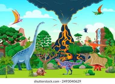 Volcano with lava and prehistoric dinosaurs landscape. Vector Jurassic era scene with volcanic eruption, surrounded by lush greenery and dino animals flying and roaming among trees and vegetation