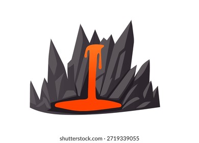 Volcán con cascada de lava y piscina de magma, rocas grises oscuras afiladas y líquido naranja caliente, estilo de dibujos animados planos profesionales, aislados sobre fondo blanco, geología de la naturaleza. Ilustración vectorial moderna.