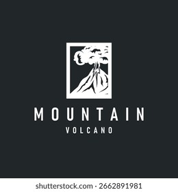 Vulkan-Logo-Konzept mit schwarzer Silhouette des ausbrechenden Berges, Natur-Design und Illustrationsvorlage für Marke oder Poster