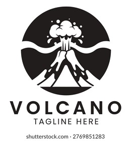 Volcano logo with erupting mountain and smoke cloud design element icon