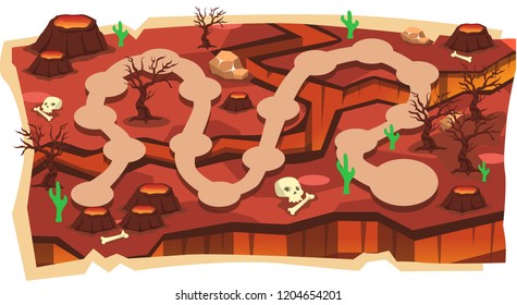 Volcano Magma 2D Game Maps with Path and Earthquake Land, Skull, Bone, Lava, Cactus, Dry Branch Trees for Platformer Vector Illustration
