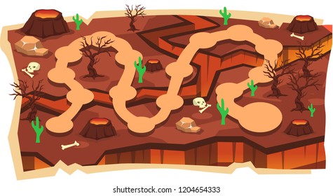 Volcano Magma 2D Game Maps with Path and Red Land, Skull, Bone, Lava, Cactus, Dry Branch Trees for Platformer Vector Illustration