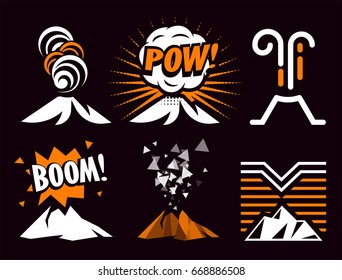 Volcano magma eruptio icon collection. Spectacular natural phenomenon painted in cartoon style set. Volcanic toxic clouds and mountain logo. Graphic anger metaphor illustration.