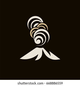 Volcano magma eruptio icon. Spectacular natural phenomenon painted in cartoon style. Volcanic toxic clouds and mountain logo. Graphic anger metaphor illustration.