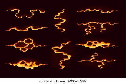 Volcano magma lava, fire ground cracks. Cartoon vector earthquake fissures, land destruction texture top view. Molten glowing orange flows creating fiery rivers with intense heat and explosive force