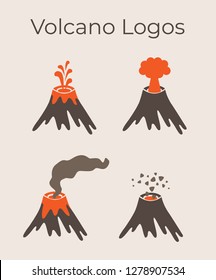 Volcano magma nature blowing up with lava flowing down vector set. Volcano logos different eruptions. Dust  cloud and rocks 