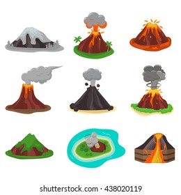 Volcano Magma Nature Blowing Up With Lava Flowing Down Vector Set