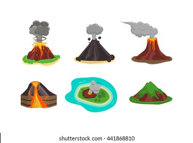 Volcano magma nature blowing up with lava flowing down vector set