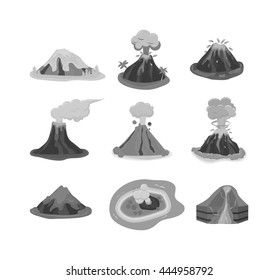 Volcano magma nature blowing up with lava flowing down vector set