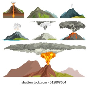 Volcano magma nature blowing up with smoke vector isolated on white. Vulcan activity fire and smoke elements