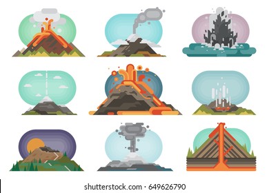 Volcano magma nature blowing up with smoke volcanic eruption lava mountain vector illustration