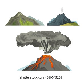 Volcano magma nature blowing up with smoke volcanic eruption lava mountain vector illustration