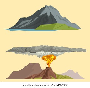 Volcano magma nature blowing up with smoke volcanic eruption lava mountain vector illustration