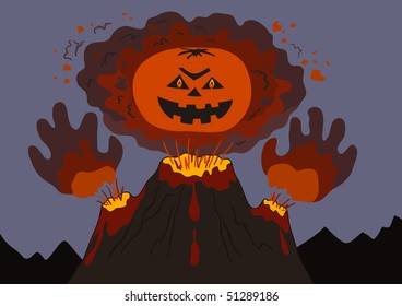 volcano malicious which is threatening by fists and throwing up a smoke, ashes and lava