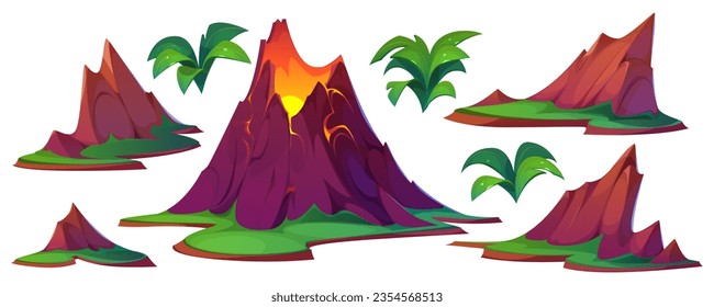 Volcano mountain eruption cartoon illustration. Lava erupt clipart drawing on island. volcanic rock exploding with magma isolated icon set. Boulder png element collection for adventure landscape