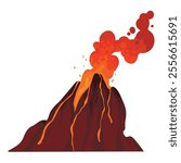 Volcano. Mountain eruption with fire lava explosion with smoke. Volcanic magma flow element for computer game landscape. Volcano vector isolated icon on white background