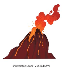 Volcano. Mountain eruption with fire lava explosion with smoke. Volcanic magma flow element for computer game landscape. Volcano vector isolated icon on white background