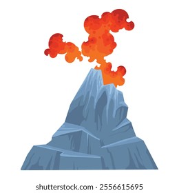 Volcano. Mountain eruption with fire lava explosion with smoke. Volcanic magma flow element for computer game landscape. Volcano vector isolated icon on white background