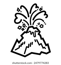 Volcano or mountain eruption natural disaster icon illustration with black outline isolated on square white background. Simple flat cartoon art styled drawing.