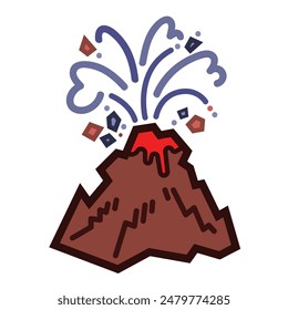 Volcano or mountain eruption natural disaster colored icon illustration with outline isolated on square white background. Simple flat cartoon art styled drawing.