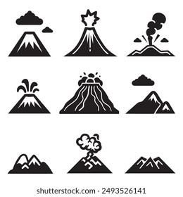 Icono de la montaña del volcán, luz natural y diseño de Vector negro.