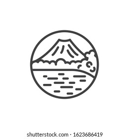 Volcano mountain landscape line icon. linear style sign for mobile concept and web design. Island with mountain and lake outline vector icon. Symbol, logo illustration. Vector graphics