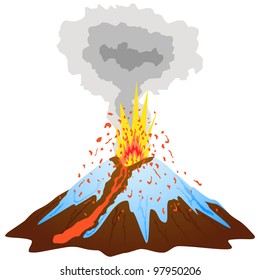 Volcano mountain peak covered with snow exploding. Vector