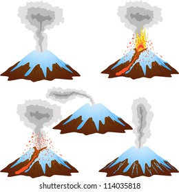 Volcano mountain peak eruption covered with snow. 5 stages of eruption. Vector