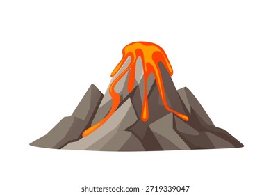 Vulcão montanha com laranjas laranjas laranjas fluxos descendo, rocha cinza montanha e superfície magma quente, estilo de desenho animado plano profissional, isolado no fundo branco, geologia da natureza. Ilustração vetorial.