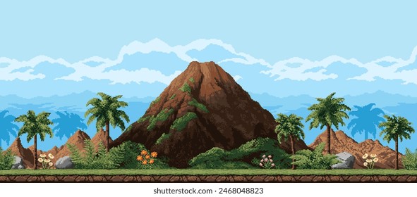 Volcán y montañas 8 bit pixel art juego paisaje. Naturaleza prehistórica o tropical, fondo volcánico de Vector de dibujos animados con palmeras y rocas bajo cielo nublado. Edad Jurásica, nivel de evolución de la Tierra