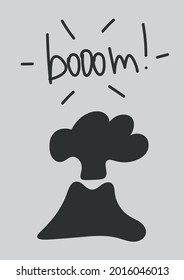 Volcano on grey background. Phrase Boom. Funny Vector illustration Dino skeleton in Scandinavian style. Childish design for  wall print, cards.