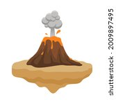 Volcano on the ground with smoke and flowed lava in flat rounded cartoon style isolated on white background