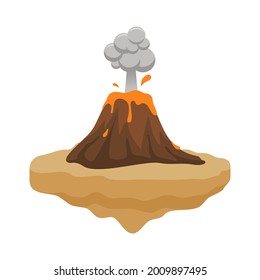 Volcano on the ground with smoke and flowed lava in flat rounded cartoon style isolated on white background