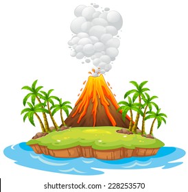 Volcano on an island with smoke