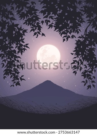 Volcano on moonlight night. Frame of branches. Full moon and stars