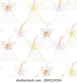 Volcano pattern repeat colourful background print design in pink, orange, yellow and grey line art over white background. Fun vector illustration. Surface pattern design for kids adventures.