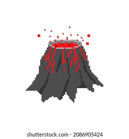 Volcano pixel art. pixelated Mountain with crater and lava. 8 bit vector illustration