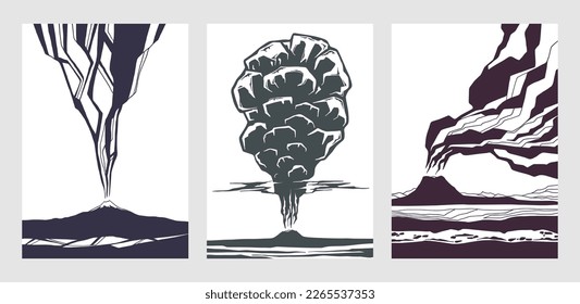 Volcano posters set. Minimalist nature landscape, black silhouettes of volcano eruption, contemporary prints. Vector art