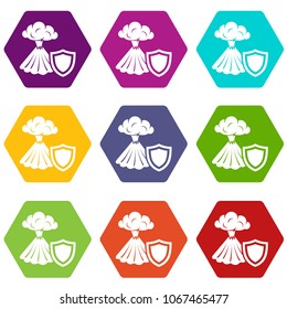 Volcano protection icons 9 set coloful isolated on white for web