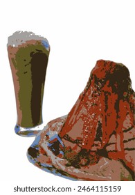 Volcano Roti with Drinks - Coffee, Milk Tea, Green Tea. Sweet Snacks of Thai Street Food. Crispy roti served in a shape of a volcanic mountain dusted with chocolate sauce and Ovaltine powder.