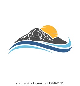 Volcano with sea and sun logo design vector