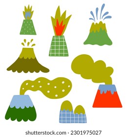 Volcano set of vector illustrations in scandinavian style.