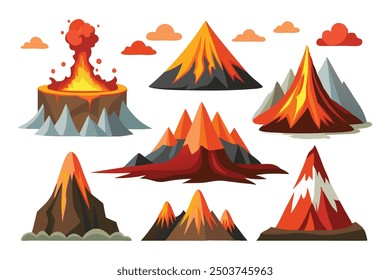 Volcano, showcasing its conical shape Vector illustration set on white background