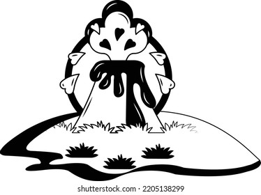 Vulkan mit Himmel auf Grassland Concept Vectorsymbol Design, Nature Love Symbol, Künstlerische Landschaftsbilder Schild, Herz in der Natur Stock-Illustration, Schöne Landschaftsansicht in Circular Form,