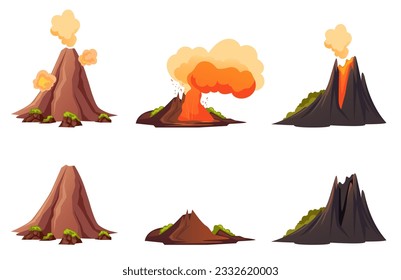 Volcano smoke active volcanic fire landscape concept. Vector graphic design illustration 