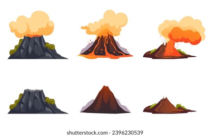 Volcano smoke active volcanic fire landscape concept. Vector graphic design illustration