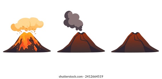 El concepto de paisaje de incendios volcánicos en el volcán es humo activo. Ilustración del diseño gráfico del vector