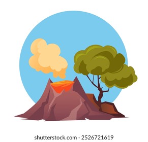Vulkanrauch aktive vulkanische Feuer Landschaft Konzept. Vektorgrafik-Designgrafik