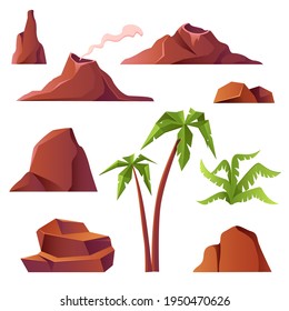 Volcano with smoke, mountains and palm trees isolated on white background. Vector cartoon set of prehistoric landscape, volcanic eruption, rocks with smoking crater, tropical plants and stones